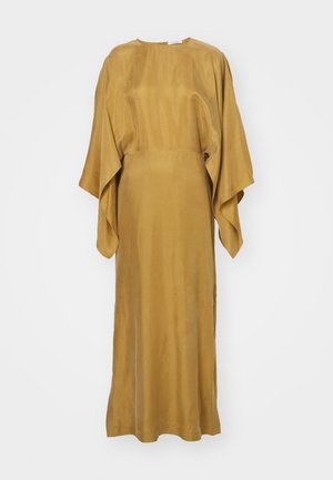 Long, mustard-colored dress made of smooth fabric, featuring wide sleeves, a round neck, and a relaxed fit from the waist down.