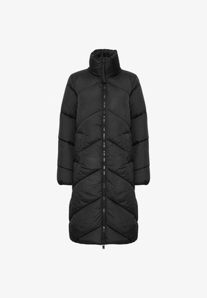 Schwarze Steppjacke mit hohem Kragen, ausgestattet mit einem Reißverschluss, und einem gesteppten Design in Zickzack-Mustern, gefertigt aus einem glatten, isolierten Material.