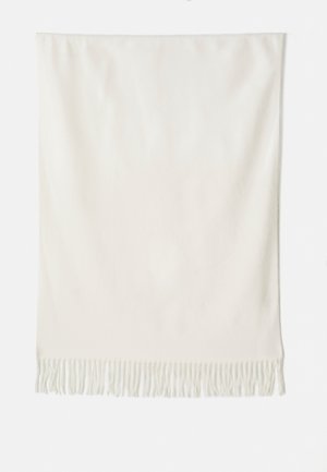 White, soft scarf with a smooth texture, featuring fringe detailing at the bottom. Rectangular shape suitable for wrapping or layering.