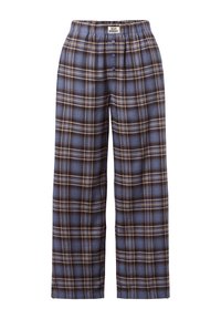 Pajama spodnie w kratę w kolorze niebieskim, brązowym i beżowym. Oferują elastyczny pas, zapięcie na guzik oraz luźny, prosty fason nogawek. Miękka tekstura materiału.