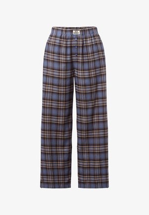 Plaid pajama pants in blue, brown, and beige. Features elastic waistband, button closure, and loose, straight leg design. Soft fabric texture.