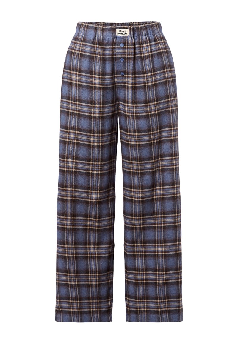 Pajama spodnie w kratę w kolorze niebieskim, brązowym i beżowym. Oferują elastyczny pas, zapięcie na guzik oraz luźny, prosty fason nogawek. Miękka tekstura materiału.