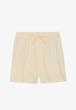 Shorts crème avec un motif rayé texturé, taille élastique, cordon de serrage et deux poches latérales.
