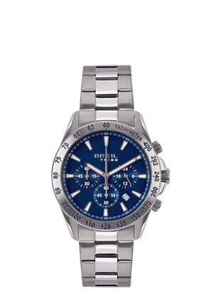 Rustfrit stål Breil Tribe armbåndsur med blå urskive, tre små ure, tachymeter-ring, datofelt og metalledsarmbånd.