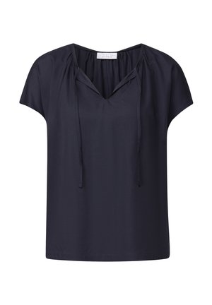 Haut à manches courtes bleu marine foncé avec un col en V et un détail à cordon de serrage. Fabriqué en tissu lisse, il présente une coupe décontractée et des accents épaules froncés.