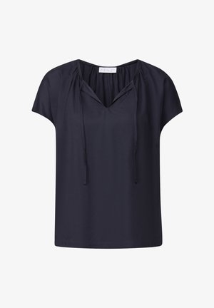 Haut à manches courtes bleu marine foncé avec un col en V et un détail à cordon de serrage. Fabriqué en tissu lisse, il présente une coupe décontractée et des accents épaules froncés.