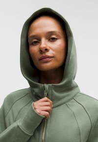 Sweatshirt met capuchon in een gedempte groene katoenmix, met een rits aan de voorkant, geribbelde boorden en getextureerde zijpanelen. Gladde oppervlakte en getailleerd ontwerp.