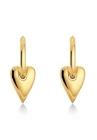 Goldfarbene Herzohrringe mit Tropfenform und polierter Oberfläche, die an einem Ring befestigt sind. Sie haben glatte Kanten und eine glänzende Textur.