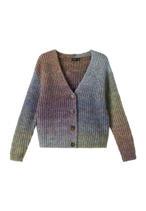 Kardigan dzianinowy w wielobarwnym odcieniu, z dekoltem w serek, długimi rękawami, pięcioma drewnianymi guzikami i gradientowym przejściem kolorów od brązu do niebieskiego.