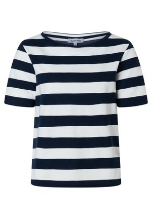 Short-sleeve navy and white horizontal striped shirt with a round neckline and a size 36 label inside the collar.