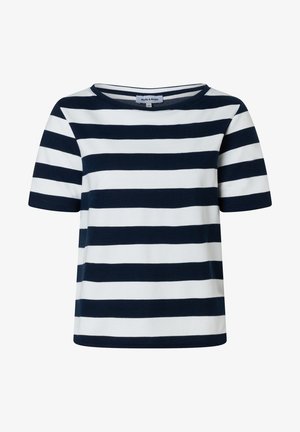 Kurzärmeliges Shirt mit navyblauen und weißen horizontalen Streifen, rundem Halsausschnitt und einem Größenetikett 36 innen im Kragen.