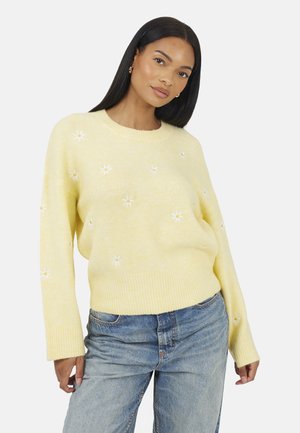 Donna con lunghi capelli neri che indossa un maglione giallo con motivi di margherite bianche e jeans blu davanti a uno sfondo chiaro uniforme.