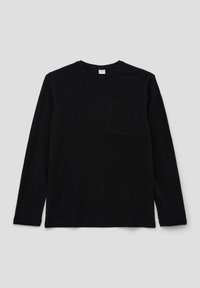 Zwart langemouw t-shirt gemaakt van textuurstof, met een borstzak en een ronde halslijn. Eenvoudig en klassiek ontwerp.