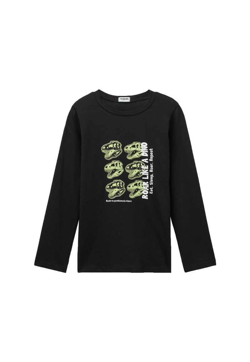 Schwarzes Langarm-T-Shirt mit Dinosauriergrafiken in Grün und Weiß. Der Text lautet "ROCKE WIE EIN DINO" mit zusätzlichen Phrasen darunter.