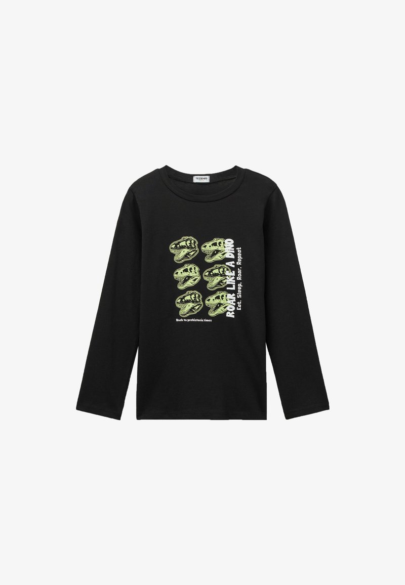 Schwarzes Langarm-T-Shirt mit Dinosauriergrafiken in Grün und Weiß. Der Text lautet "ROCKE WIE EIN DINO" mit zusätzlichen Phrasen darunter.