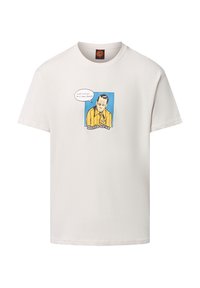 Witte katoenen t-shirt met een kleurrijke grafische afbeelding van een karakter in een oranje shirt, met de tekst "Santa Cruz" eronder.
