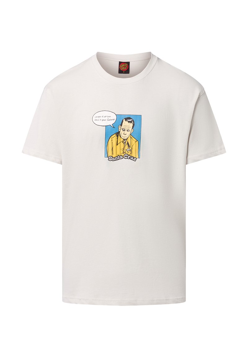 Witte katoenen t-shirt met een kleurrijke grafische afbeelding van een karakter in een oranje shirt, met de tekst "Santa Cruz" eronder.