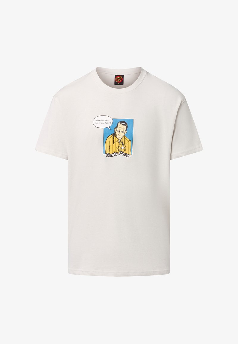 Weißes Baumwoll-T-Shirt mit einem bunten Grafikdesign, das eine Figur in einem orangefarbenen Shirt zeigt, mit dem Text "Santa Cruz" darunter.