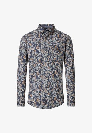 Langärmliges Button-Up-Hemd aus marineblauem Stoff mit floralem Muster in Pastellfarben, einer einzelnen Brusttasche und klassischem Kragen.