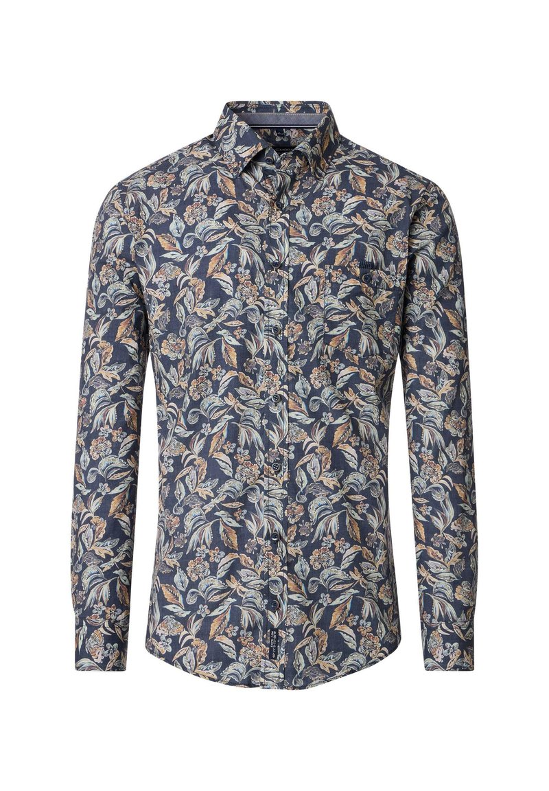 Langärmliges Button-Up-Hemd aus marineblauem Stoff mit floralem Muster in Pastellfarben, einer einzelnen Brusttasche und klassischem Kragen.