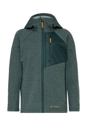 Graue Kapuzenjacke mit durchgehendem Reißverschluss, dunkelgrünem schrägen Brusttasche, zwei Seitentaschen und gelben Reißverschlussanhängern, mit Vaude-Label am Saum.