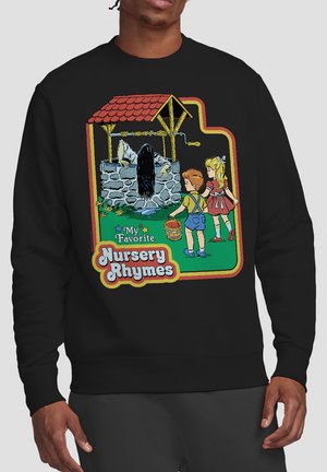 Kinder, die einen Eimer halten, nähern sich einem steinernen Brunnen, an dessen Rand eine Figur in Weiß mit langen schwarzen Haaren hängt. Der Text lautet: "Meine liebsten Kindergedichte."