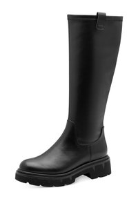 Black leather knee-high boot with a smooth finish, contrasting thick black rubber sole, and a loop at the top for easy pull-on.