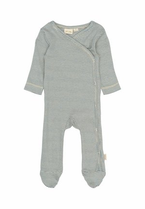 Striped baby onesie in light blue and cream, made of soft fabric, featuring a wrap design, long sleeves, and snap closures on the side.