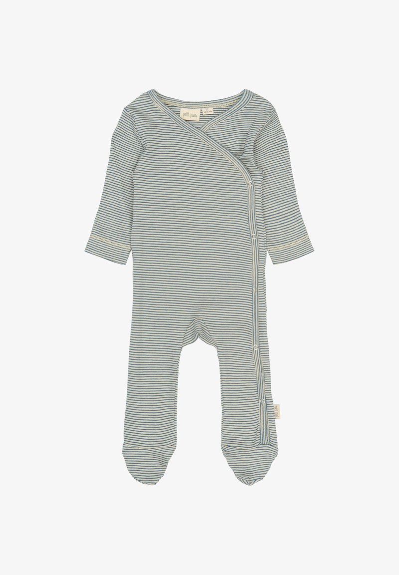 Un body à rayures pour bébé en bleu clair et crème, fabriqué en tissu doux, présentant un design en portefeuille, des manches longues et des fermetures à pression sur le côté.