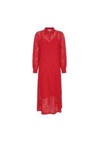 Red lace dress with a collar, long sleeves, and a midi length. Features a floral pattern and a sheer texture.