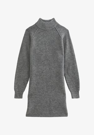 Graues, geripptes Strick-Turtleneck-Kleid mit langen Ärmeln. Weiche Textur, lässige Passform und gerade Silhouette.