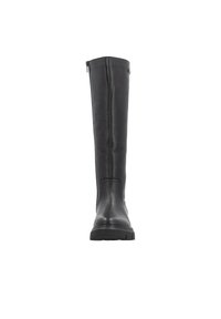 Schwarze Lederstiefel bis zum Knie mit geradem Design, glatter Textur, seitlichem Reißverschluss und flacher Gummisohle.