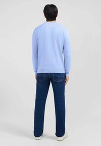 Pull bleu clair à manches longues avec un col rond et des poignets côtelés, porté avec un jean bleu foncé et des baskets blanches, vu de dos.