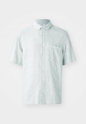 Korte mouwen, collared shirt in licht mintgroen, gemaakt van textuurstof. Bevat een enkele borstzak en witte knopen.