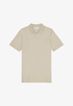 Beige Baumwoll-Polohemd mit umgeschlagenem Kragen, kurzen Ärmeln und einer subtilen Textur. Es verfügt über eine zentrale Knopfleiste mit zwei Knöpfen.