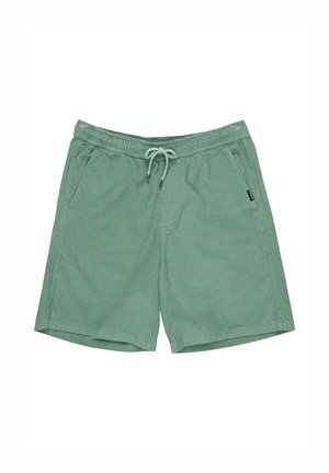 Green corduroy shorts with an elastic waistband and drawstring, featuring two side pockets and a small logo accent on the front.