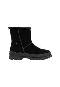 Svarta mocka ankelboots med en texturerad gummisula, fuskpälsfoder upptill och dekorativ sömnad längs sidorna.