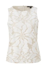 Ärmudd topp i vitt med ett blommigt spetsmönster i beige nyanser, med rund halsringning och en diskret dragkedja framtill.