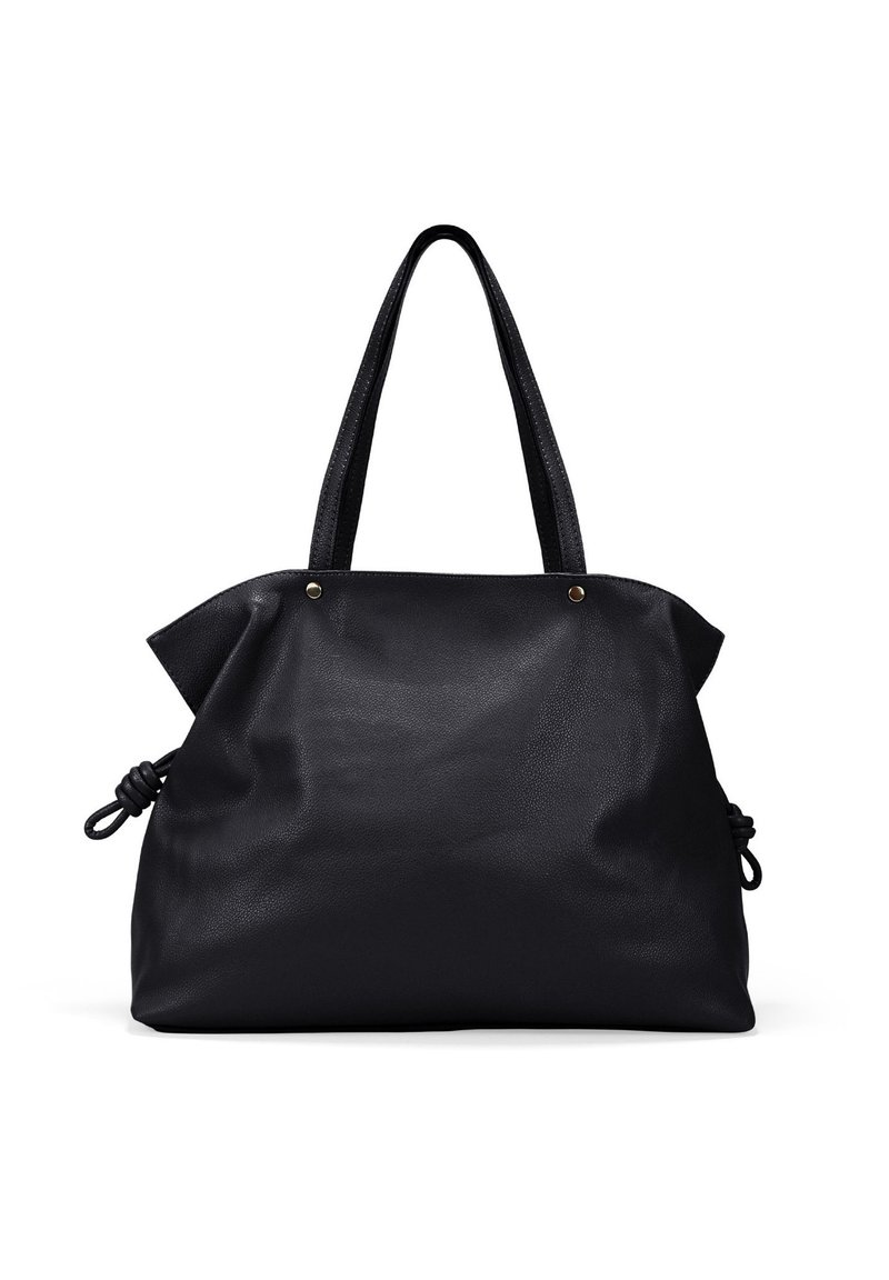Bolso tote de cuero negro con dos asas, lados con cordón y accesorios en tono dorado. Textura suave y diseño espacioso para uso diario.