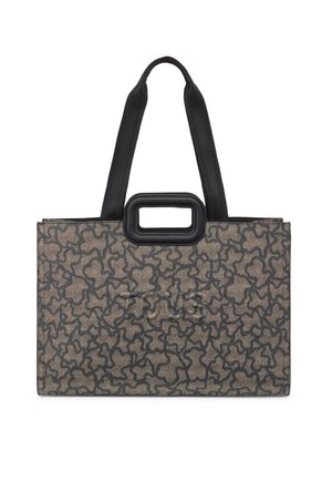 Bolsa tote rectangular con un patrón de garabatos negros abstractos sobre un fondo topo, que cuenta con dos asas negras y un corte rectangular para el agarre.