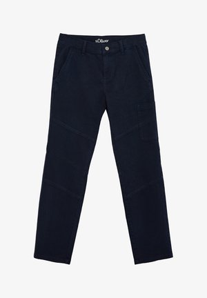Marineblå bomulds cargobukser med lukning foran med knap og lynlås, sidelommer og en laplomme på højre ben.