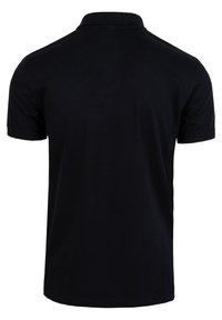 Zwarte poloshirt met een klassieke kraag, korte mouwen en een effen textuur. Kenmerkt zich door een rechte zoom aan de onderkant. Gemaakt van katoen.