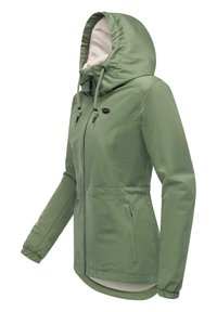 Giacca con cappuccio in verde chiaro, realizzata in tessuto testurizzato. Caratterizzata da chiusura con zip frontale, cordini regolabili e tasche laterali.