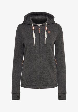 Tmavo šedá mikina na zips s fleecovou textúrou, nastaviteľné krémové šnúrky, zipsy na vreckách s hnedými akcentmi a rebrované manžety.