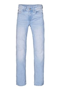 Jeans de mezclilla azul claro con corte recto, diseño de cinco bolsillos y cierre de botón. Presentan un desvanecido sutil y detalles de costura.