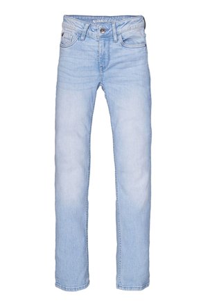 Jean en denim bleu clair avec une coupe droite, design à cinq poches et fermeture à bouton. Présente un léger délavage et des détails en couture.