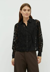 Bluză cu model floral negru, realizată dintr-un material transparent, cu închidere prin nasturi, mâneci lungi și o croială lejeră.