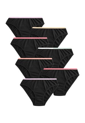 Sedem čiernych dámskych krátkych nohavičiek s elastickými pásmi v rôznych pastelových farbách vrátane ružovej, broskyňovej, béžovej a svetlomodrej.