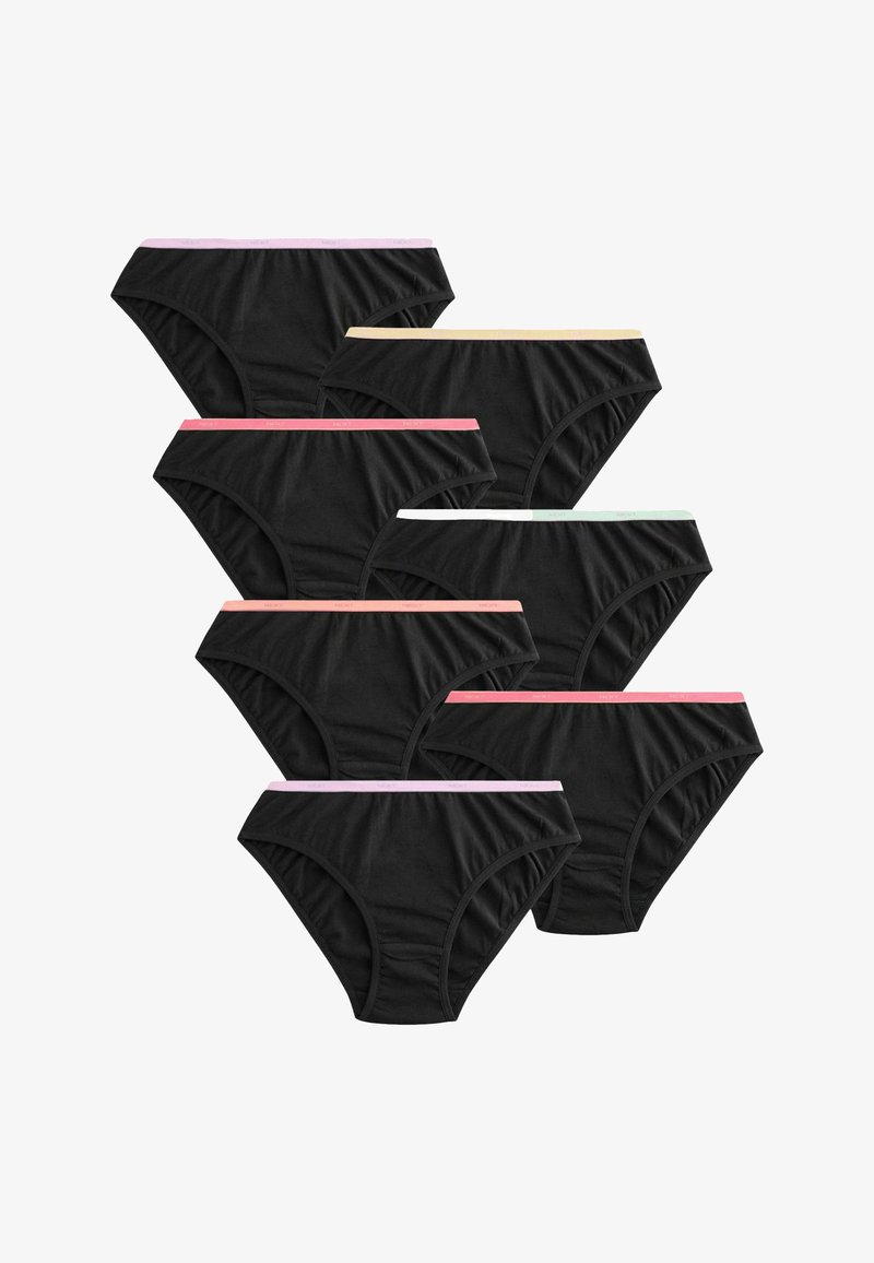 Sedem čiernych dámskych krátkych nohavičiek s elastickými pásmi v rôznych pastelových farbách vrátane ružovej, broskyňovej, béžovej a svetlomodrej.