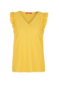 Blouse jaune sans manches avec col en V, motif en dentelle ajourée et bordure volante sur les bretelles.